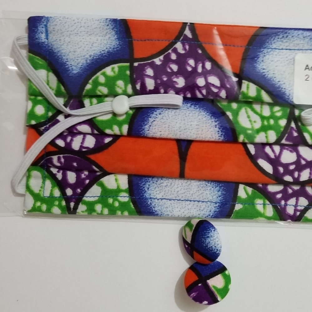 Hand Crafted Face Mask and Earrings African Wax Fabric Orange Purple Adult